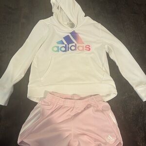 Adidas Girl’s Outfit- White Rainbow Logo Hoodie +Pink Athletic Shorts Size 10-12